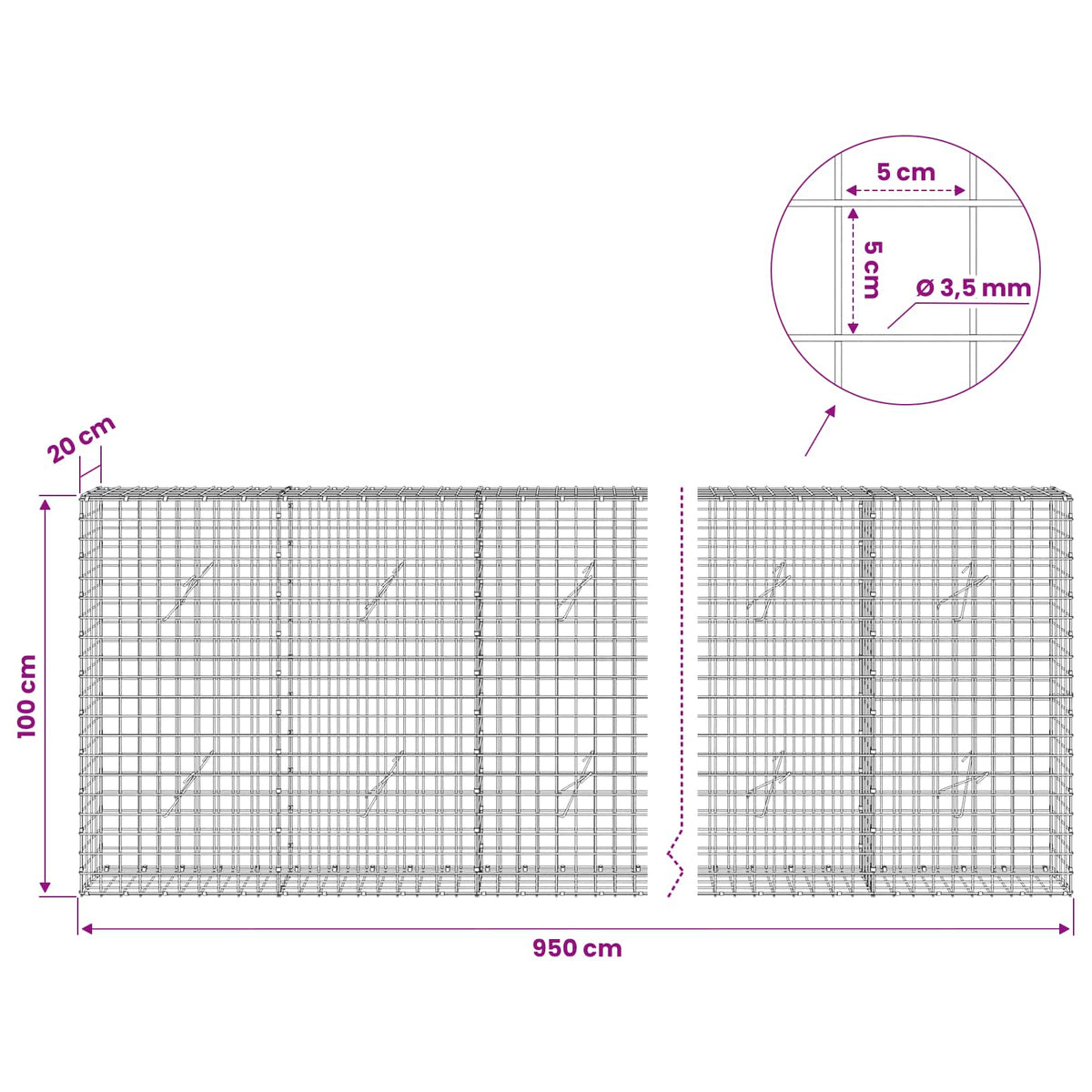 Gabionas su 3,5 mm laidu ir 5x5 cm tinkleliu 950x20x100 cm