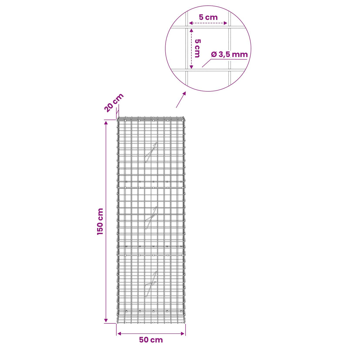 Gabionas su 3,5 mm laidu ir 5x5 cm tinkleliu 50x20x150 cm