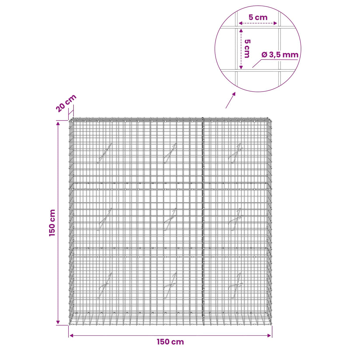 Gabionas su 3,5 mm laidu ir 5x5 cm tinkleliu 150x20x150 cm