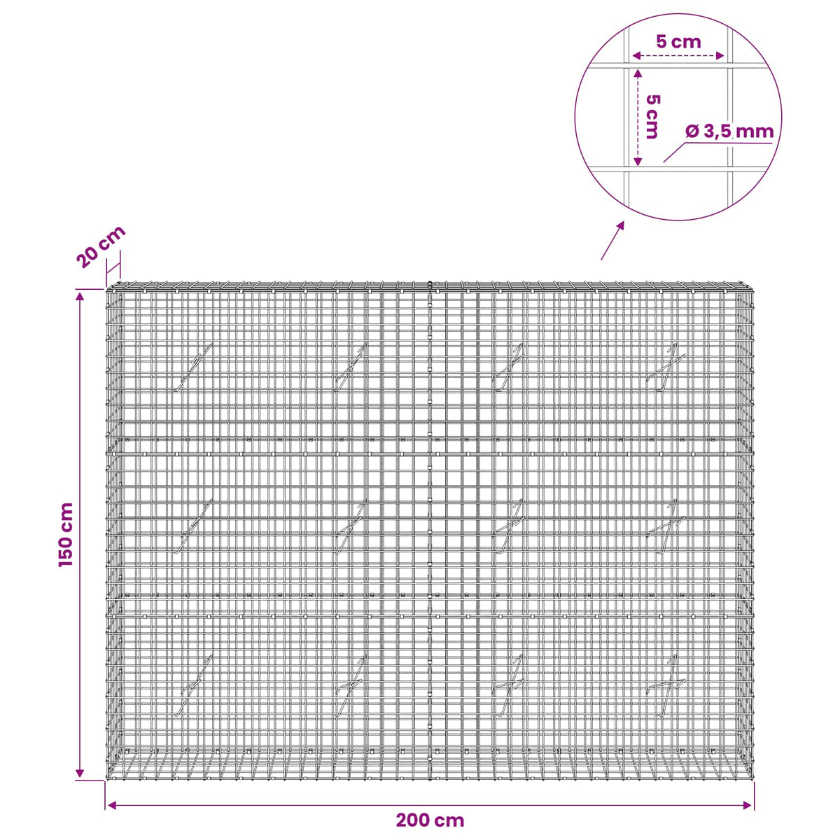 Gabionas su 3,5 mm laidu ir 5x5 cm tinkleliu 200x20x150 cm