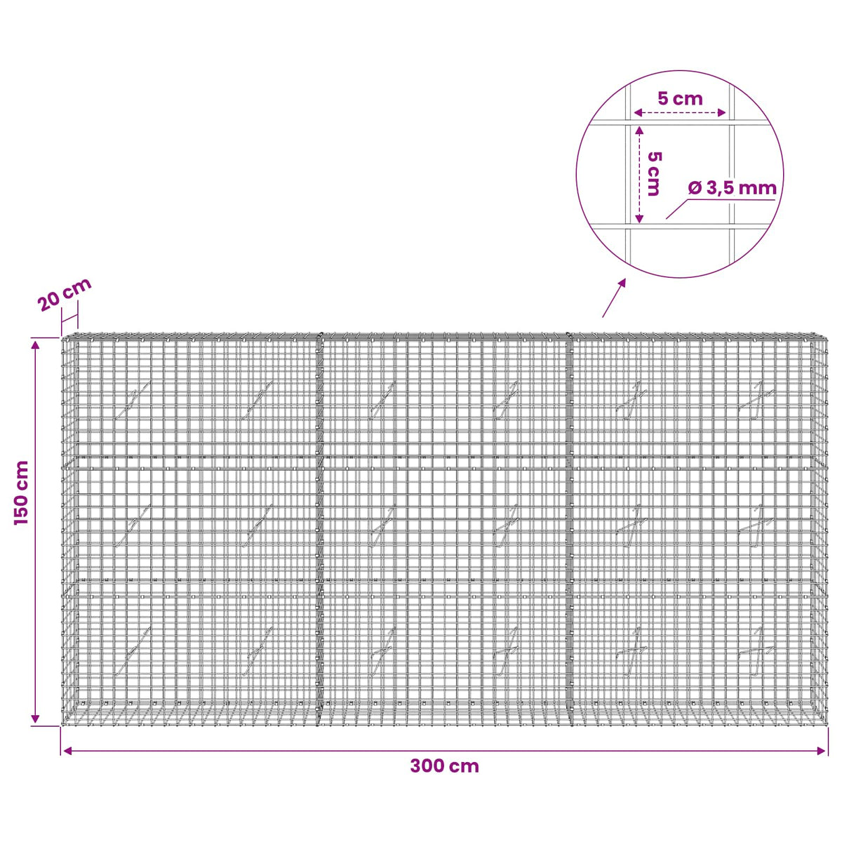 Gabionas su 3,5 mm laidu ir 5x5 cm tinkleliu 300x20x150 cm