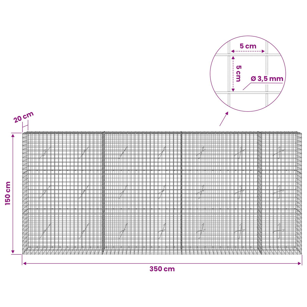 Gabionas su 3,5 mm laidu ir 5x5 cm tinkleliu 350x20x150 cm