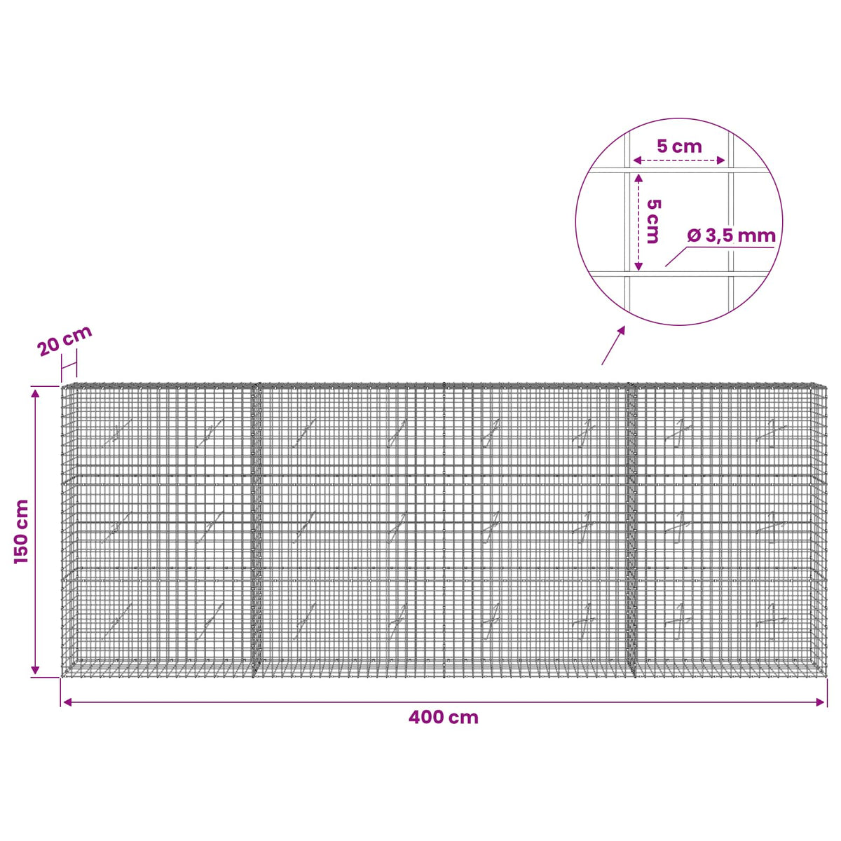 Gabionas su 3,5 mm laidu ir 5x5 cm tinkleliu 400x20x150 cm