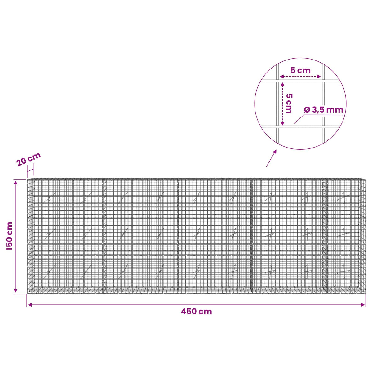 Gabionas su 3,5 mm laidu ir 5x5 cm tinkleliu 450x20x150 cm