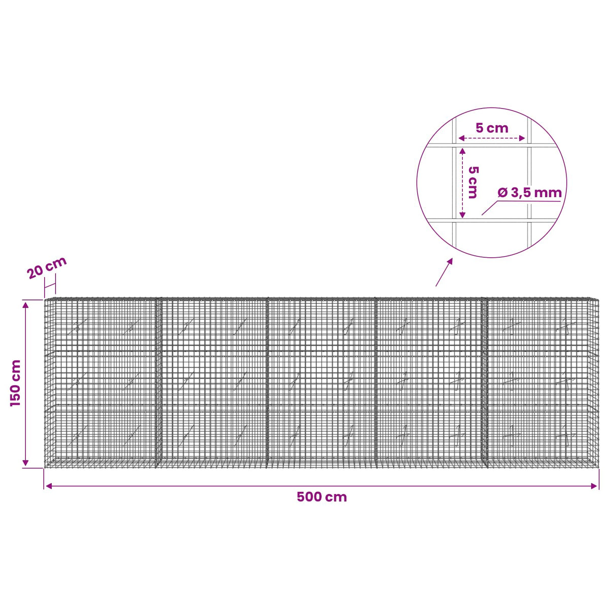 Gabionas su 3,5 mm laidu ir 5x5 cm tinkleliu 500x20x150 cm