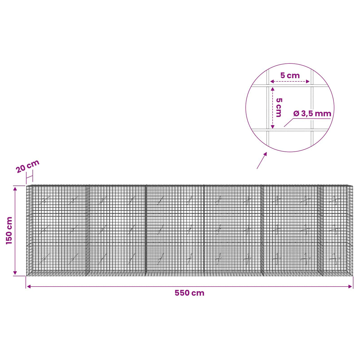 Gabionas su 3,5 mm laidu ir 5x5 cm tinkleliu 550x20x150 cm