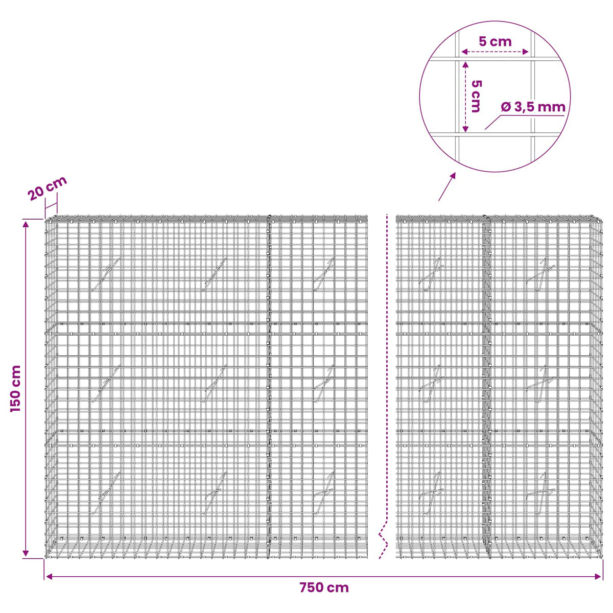 Gabionas su 3,5 mm laidu ir 5x5 cm tinkleliu 750x20x150 cm