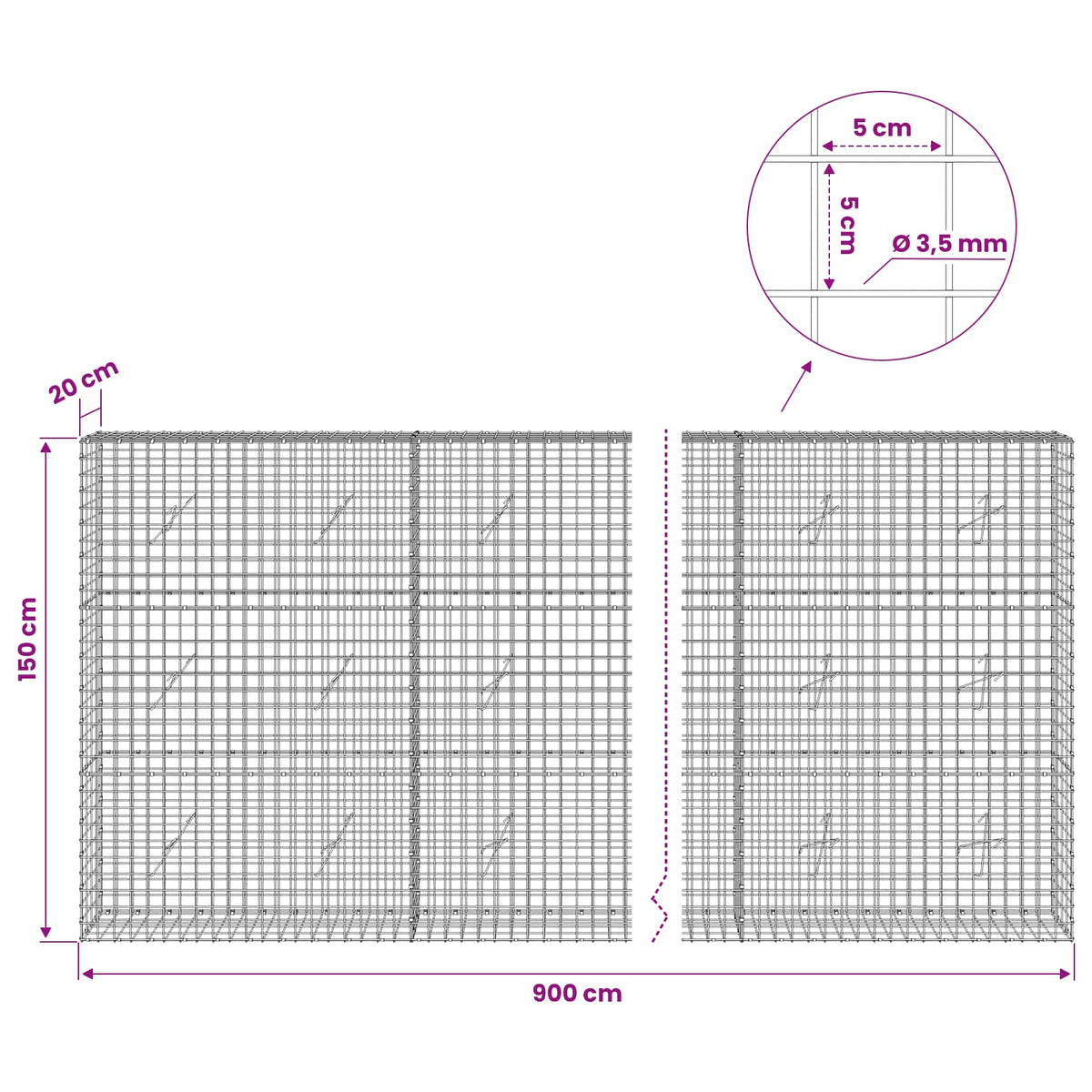 Gabionas su 3,5 mm laidu ir 5x5 cm tinkleliu 900x20x150 cm