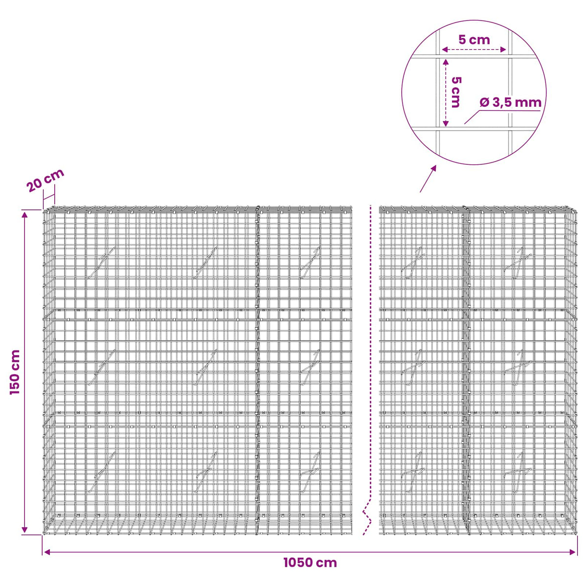 Gabionas su 3,5 mm laidu ir 5x5 cm tinkleliu 1050x20x150 cm