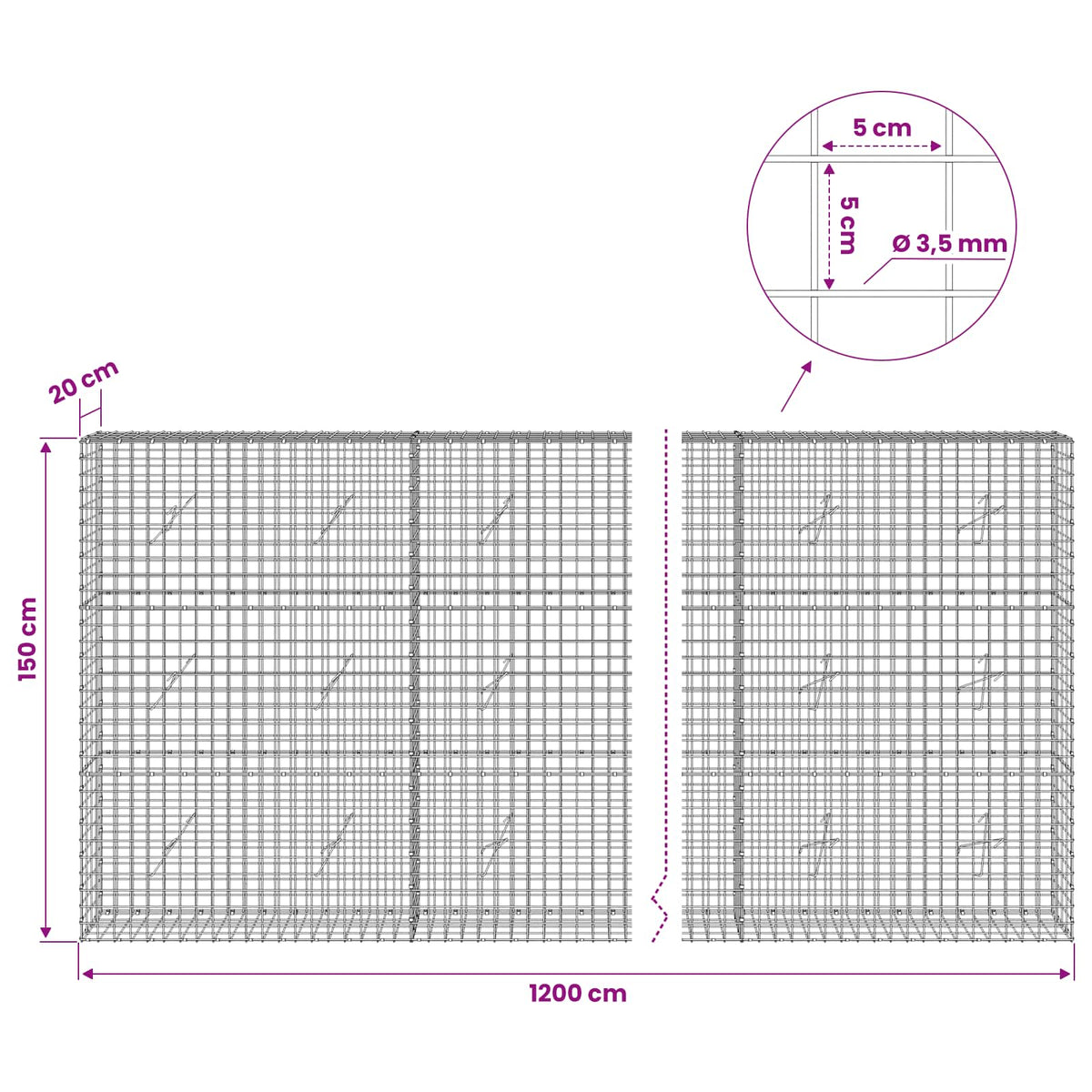 Gabionas su 3,5 mm laidu ir 5x5 cm tinkleliu 1200x20x150 cm