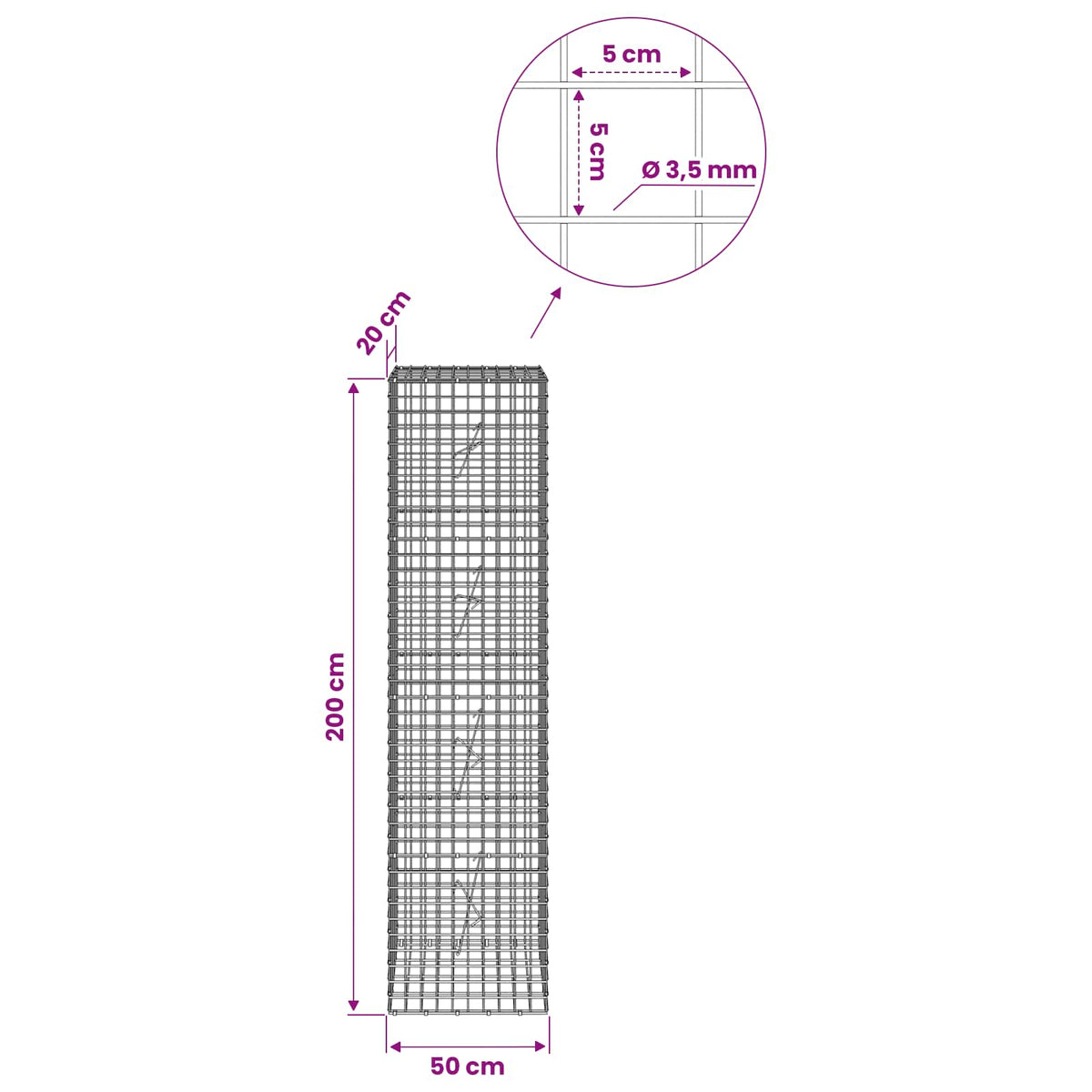 Gabionas su 3,5 mm laidu ir 5x5 cm tinkleliu 50x20x200 cm