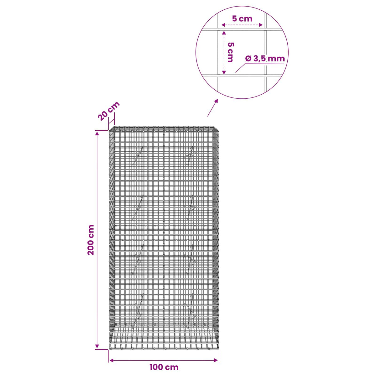 Gabionas su 3,5 mm laidu ir 5x5 cm tinkleliu 100x20x200 cm