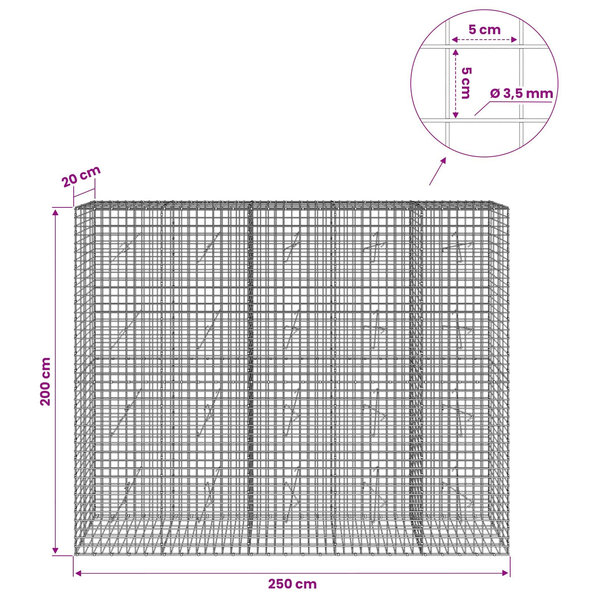Gabionas su 3,5 mm laidu ir 5x5 cm tinkleliu 250x20x200 cm