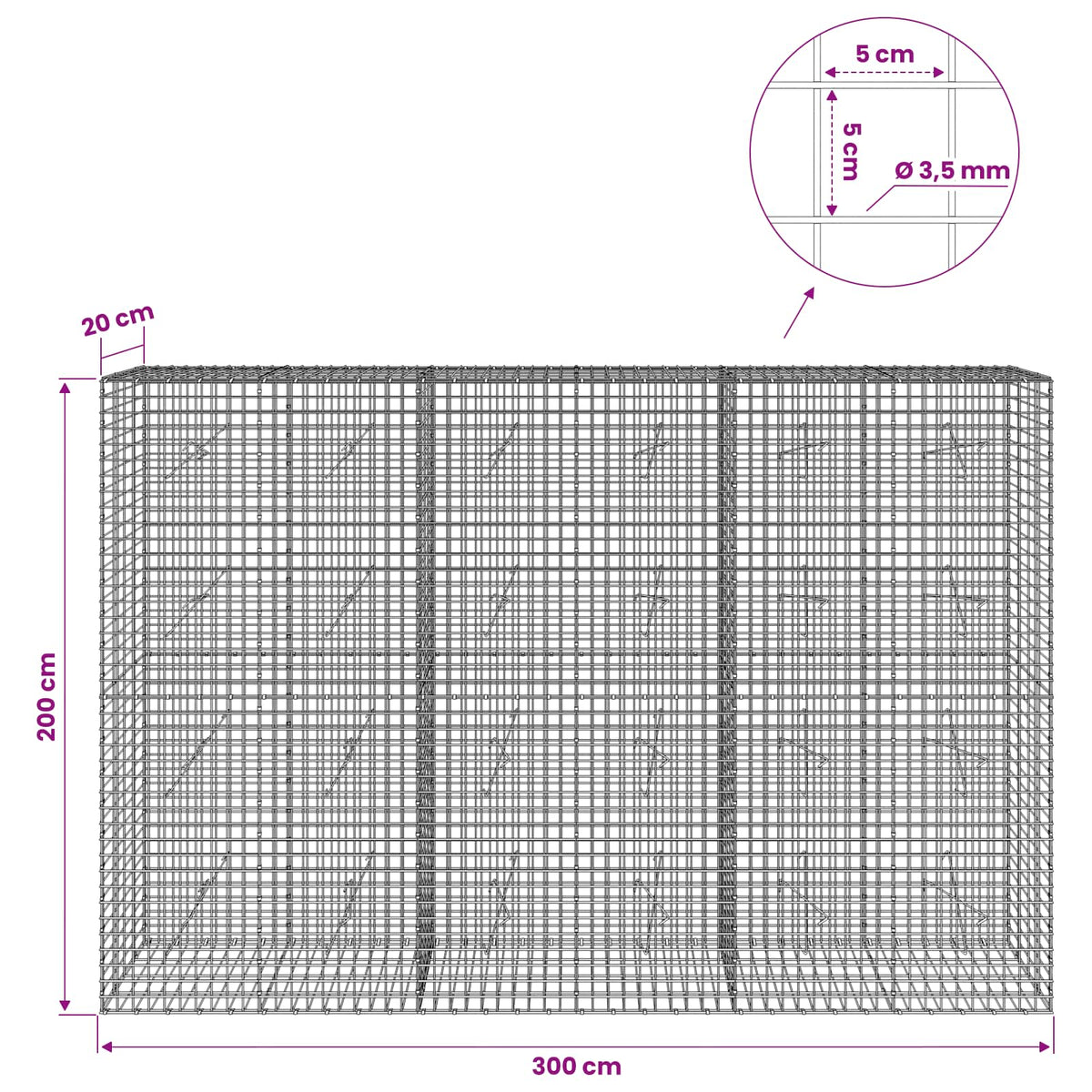Gabionas su 3,5 mm laidu ir 5x5 cm tinkleliu 300x20x200 cm