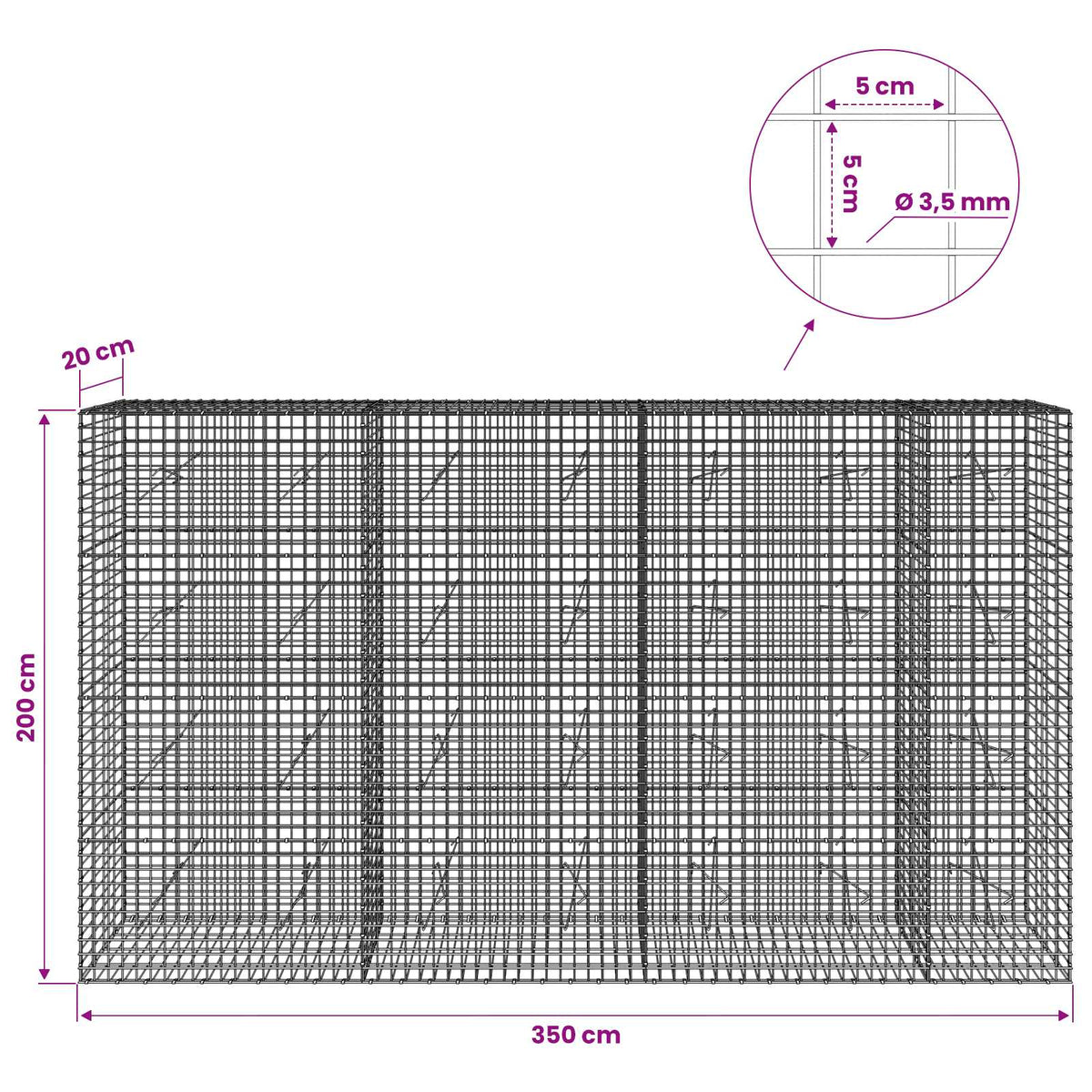 Gabionas su 3,5 mm laidu ir 5x5 cm tinkleliu 350x20x200 cm