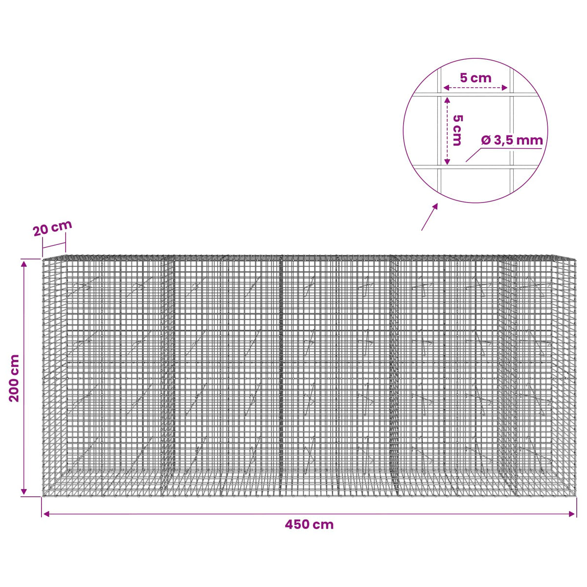 Gabionas su 3,5 mm laidu ir 5x5 cm tinkleliu 450x20x200 cm