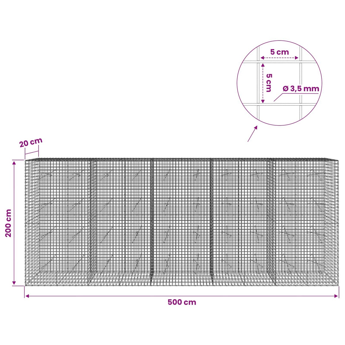 Gabionas su 3,5 mm laidu ir 5x5 cm tinkleliu 500x20x200 cm