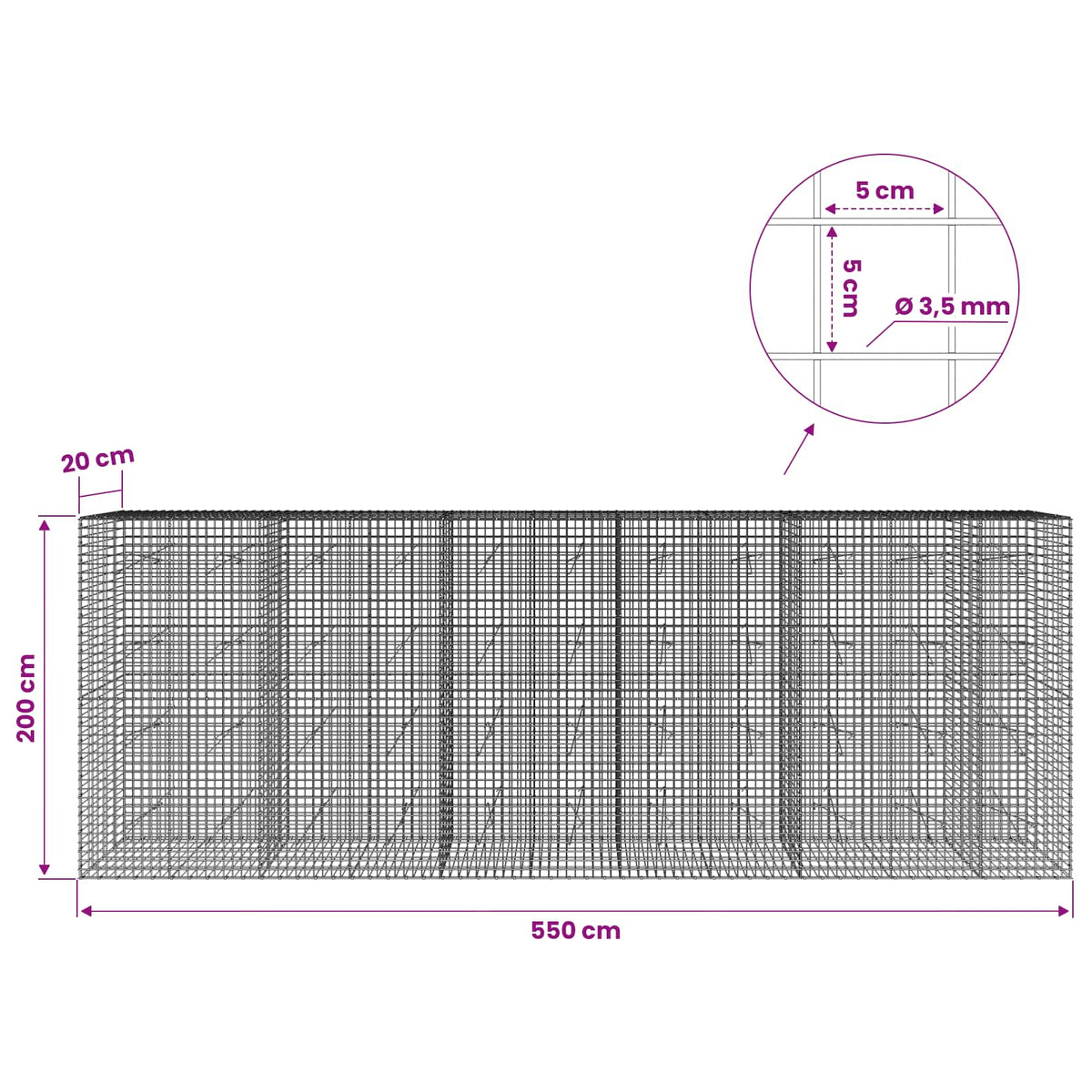 Gabionas su 3,5 mm laidu ir 5x5 cm tinkleliu 550x20x200 cm