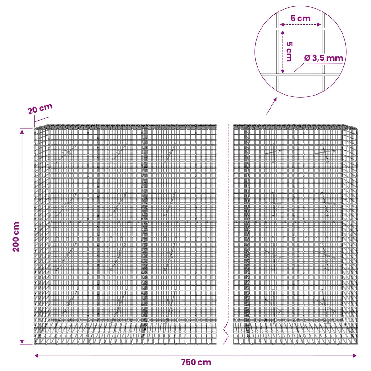 Gabionas su 3,5 mm laidu ir 5x5 cm tinkleliu 750x20x200 cm