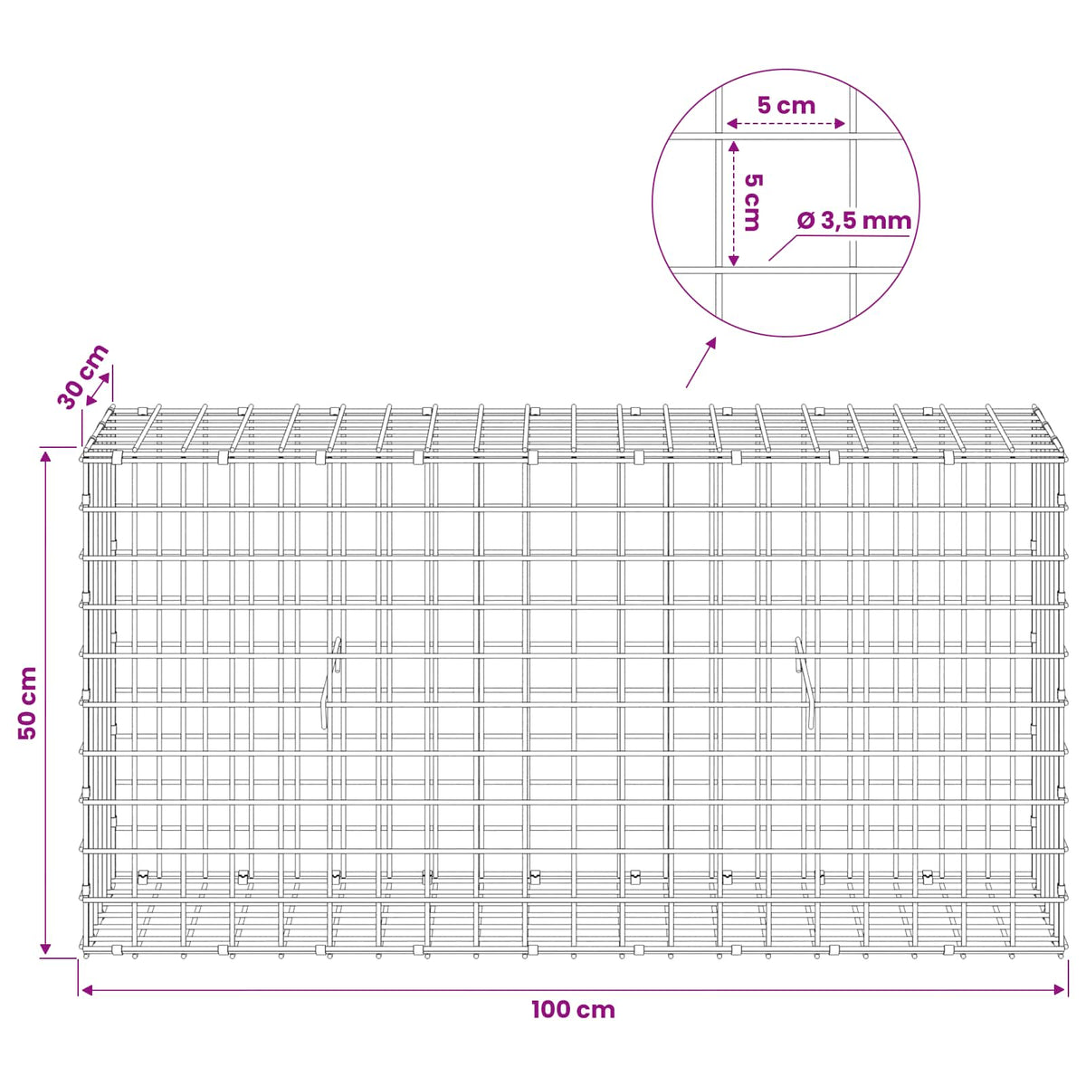 Gabionas su 3,5 mm laidu ir 5x5 cm tinkleliu 100x30x50 cm