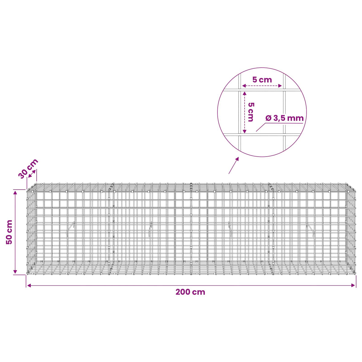 Gabionas su 3,5 mm laidu ir 5x5 cm tinkleliu 200x30x50 cm