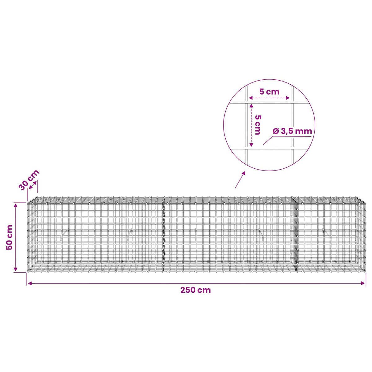 Gabionas su 3,5 mm laidu ir 5x5 cm tinkleliu 250x30x50 cm