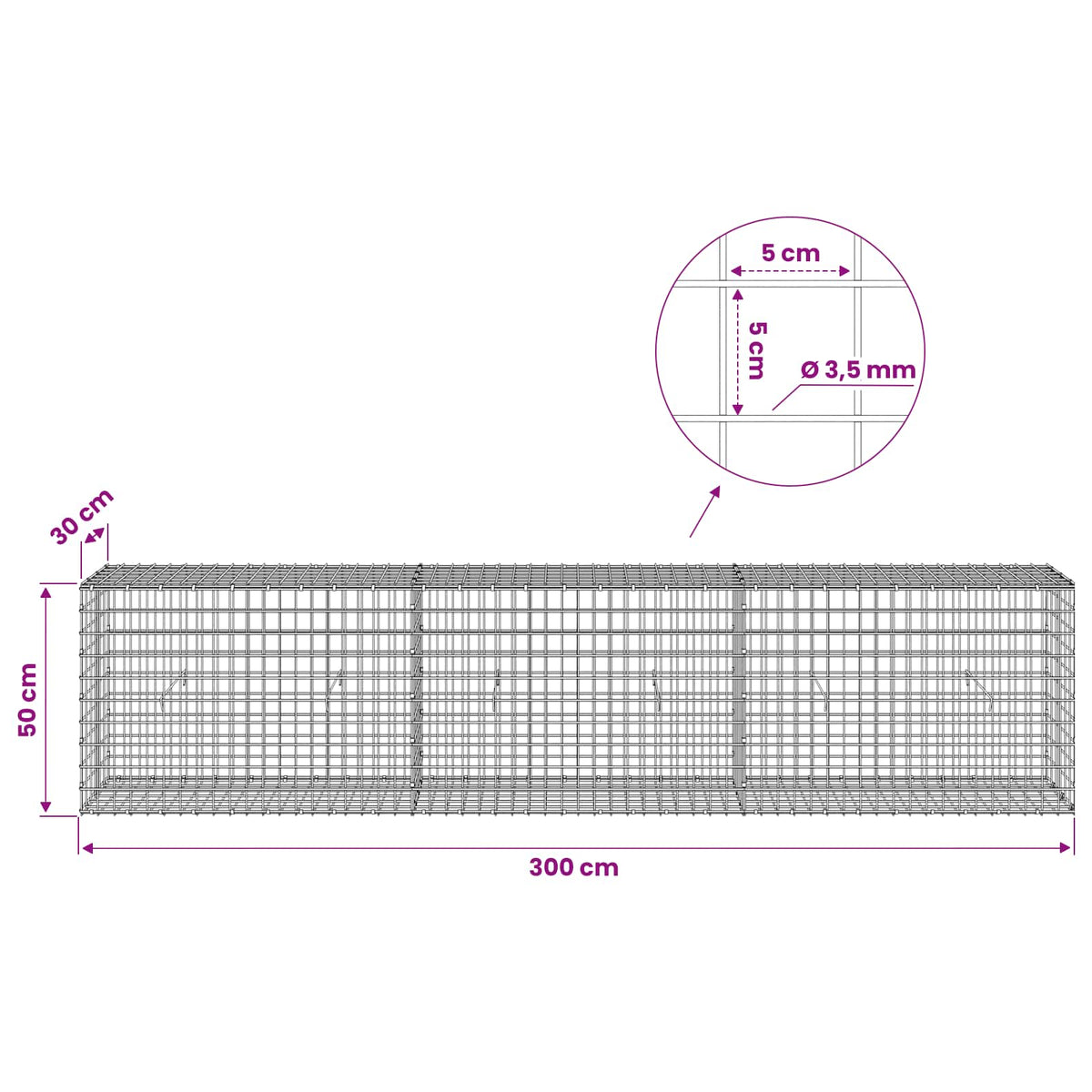 Gabionas su 3,5 mm laidu ir 5x5 cm tinkleliu 300x30x50 cm