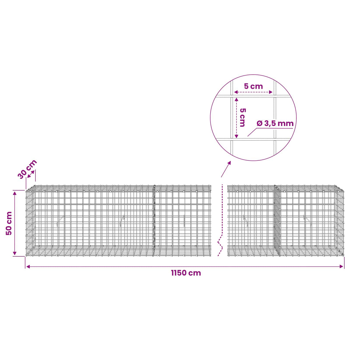 Gabionas su 3,5 mm laidu ir 5x5 cm tinkleliu 1150x30x50 cm