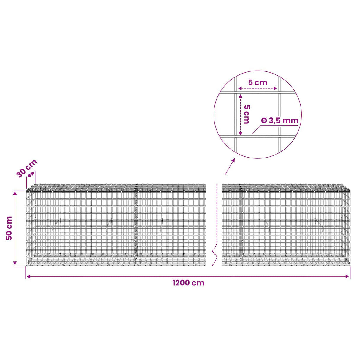 Gabionas su 3,5 mm laidu ir 5x5 cm tinkleliu 1200x30x50 cm