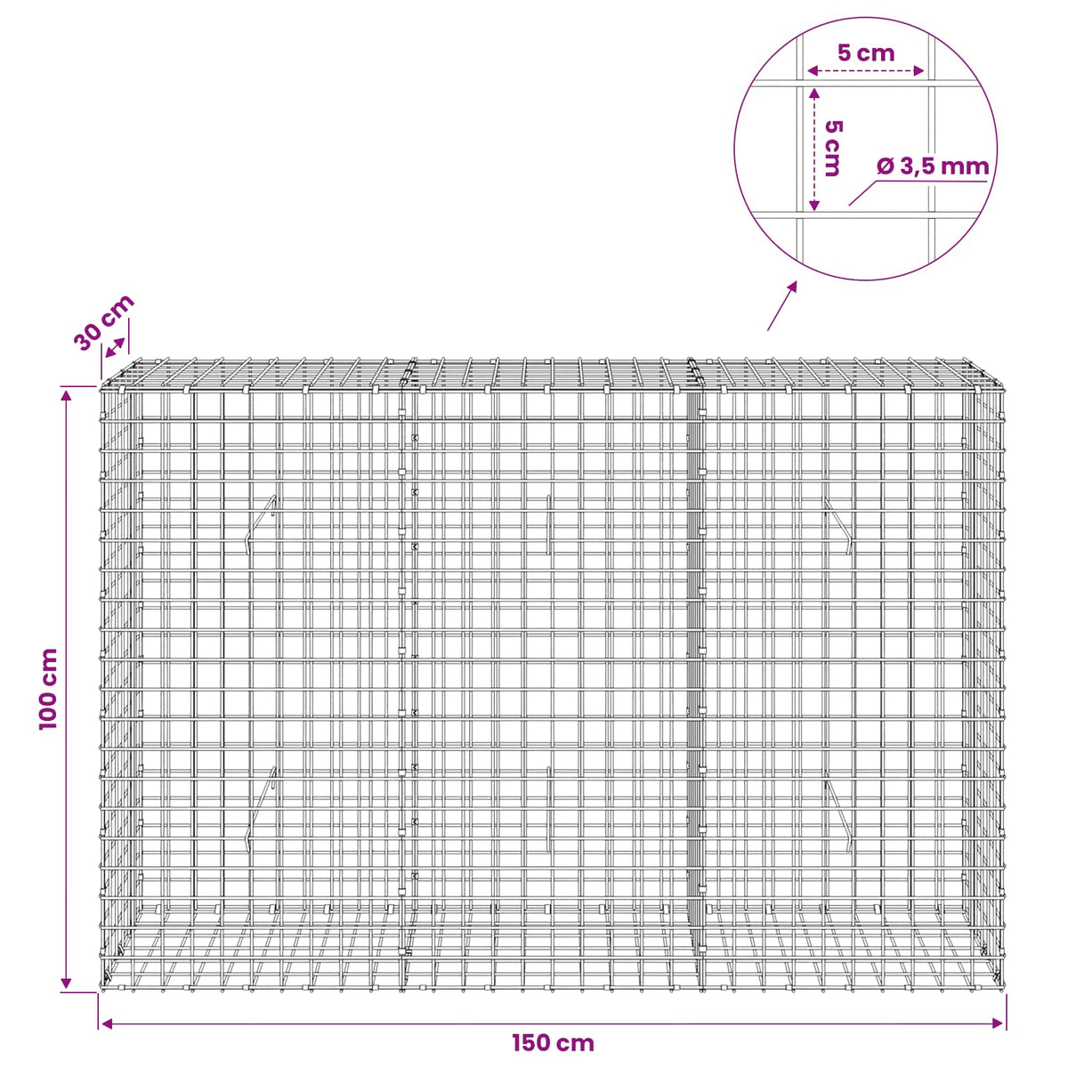 Gabionas su 3,5 mm laidu ir 5x5 cm tinkleliu 150x30x100 cm