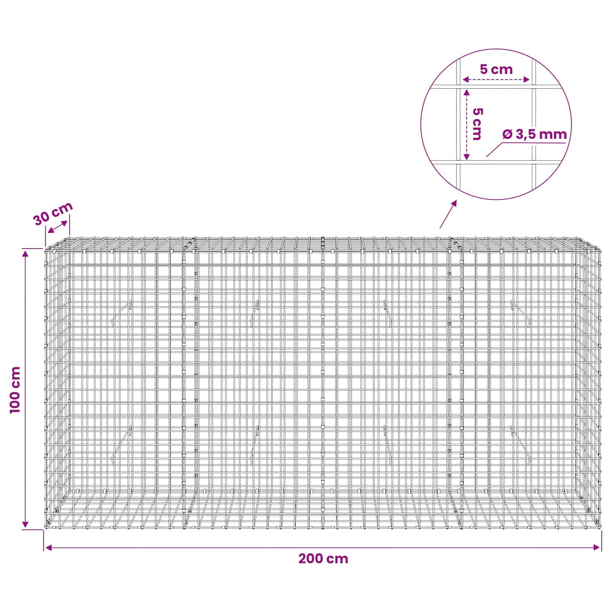 Gabionas su 3,5 mm laidu ir 5x5 cm tinkleliu 200x30x100 cm