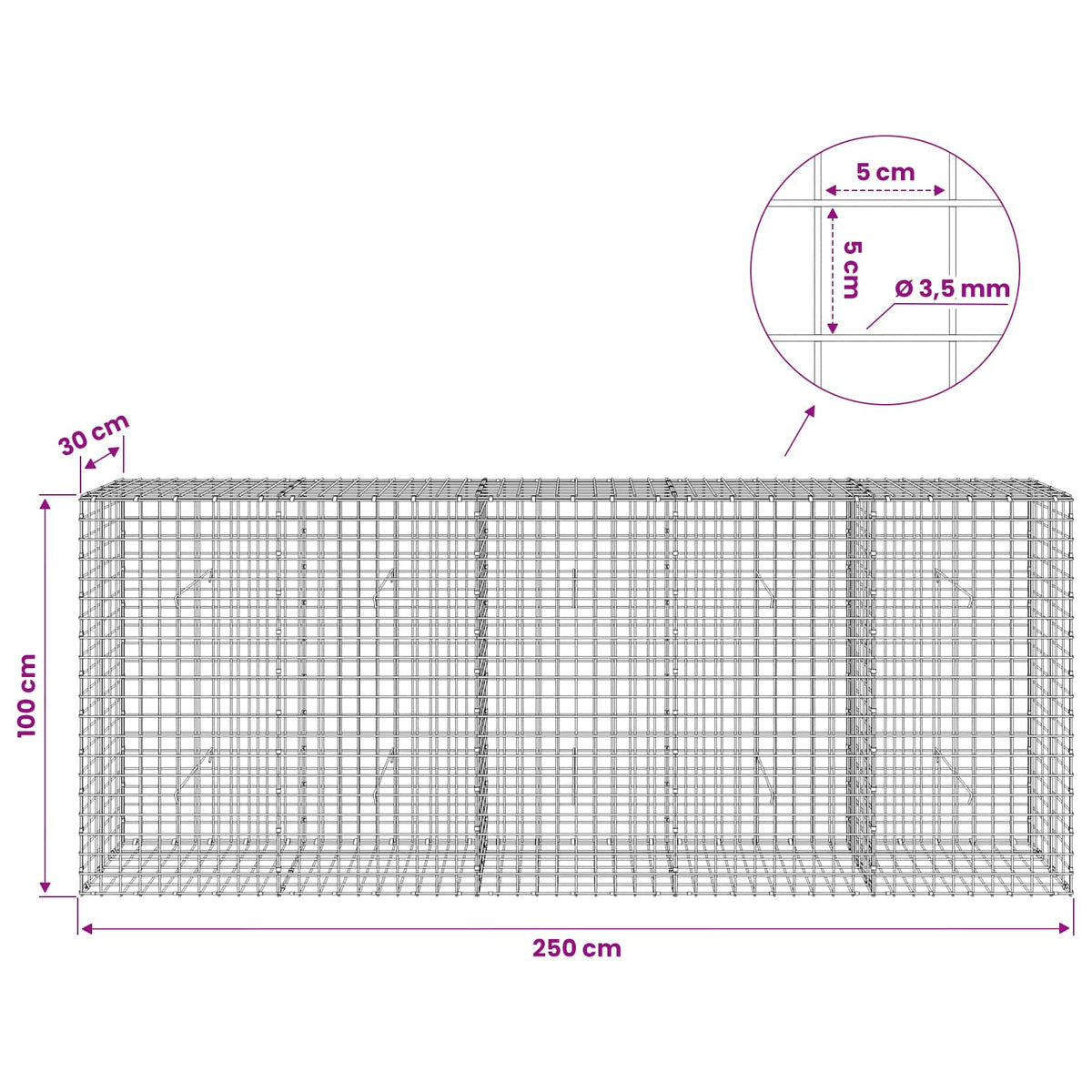Gabionas su 3,5 mm laidu ir 5x5 cm tinkleliu 250x30x100 cm