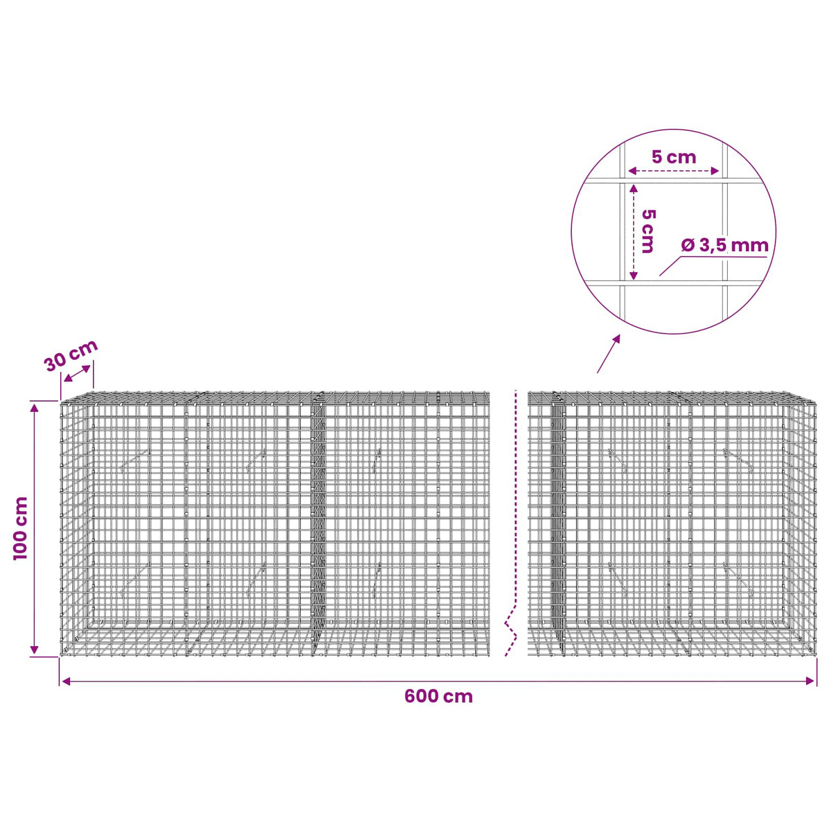 Gabionas su 3,5 mm laidu ir 5x5 cm tinkleliu 600x30x100 cm
