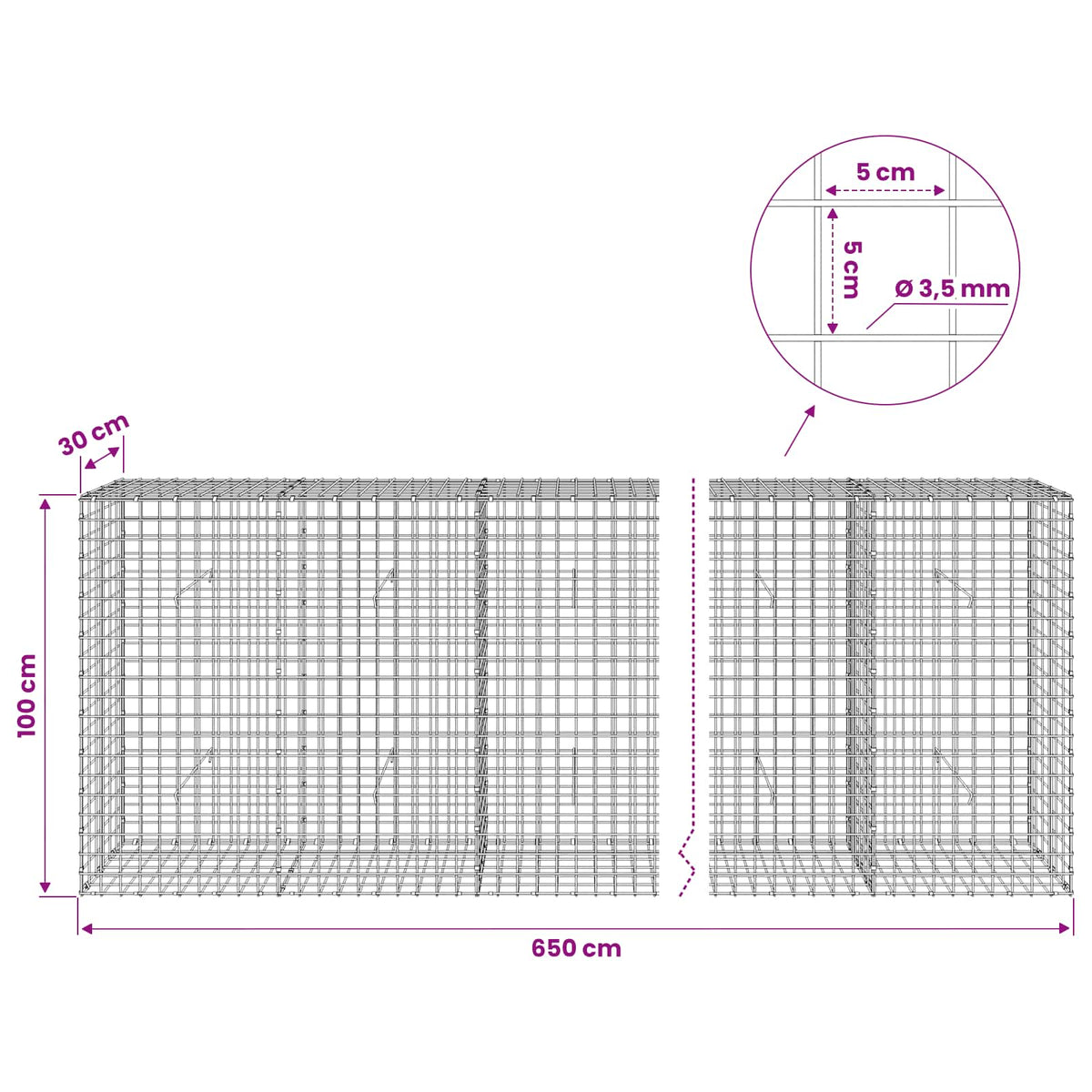 Gabionas su 3,5 mm laidu ir 5x5 cm tinkleliu 650x30x100 cm