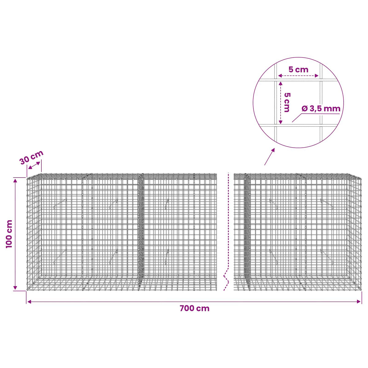 Gabionas su 3,5 mm laidu ir 5x5 cm tinkleliu 700x30x100 cm