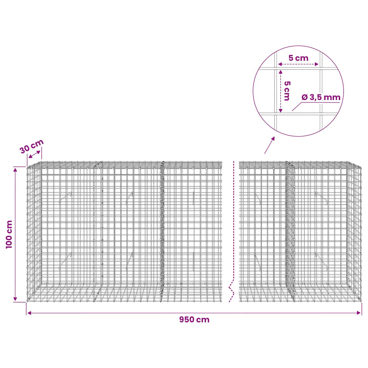 Gabionas su 3,5 mm laidu ir 5x5 cm tinkleliu 950x30x100 cm