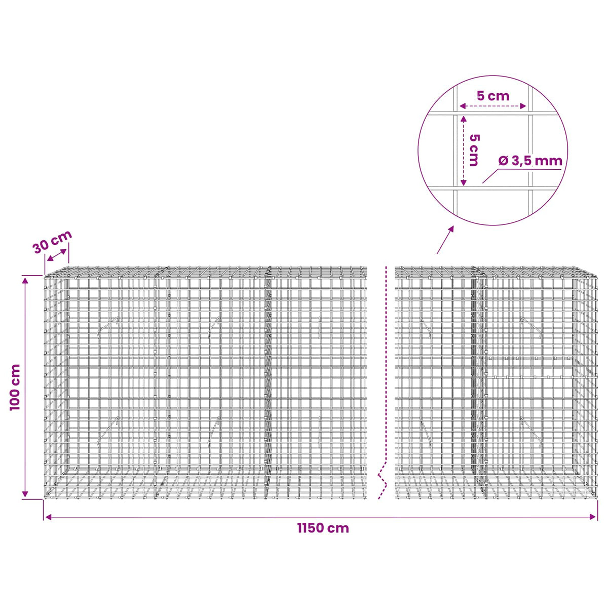 Gabionas su 3,5 mm laidu ir 5x5 cm tinkleliu 1150x30x100 cm