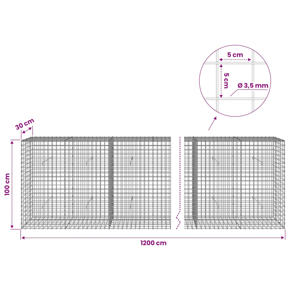 Gabionas su 3,5 mm laidu ir 5x5 cm tinkleliu 1200x30x100 cm
