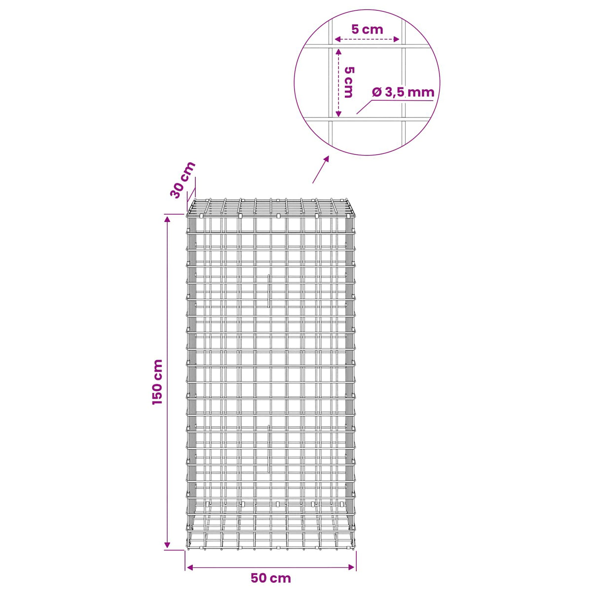 Gabionas su 3,5 mm laidu ir 5x5 cm tinkleliu 50x30x150 cm