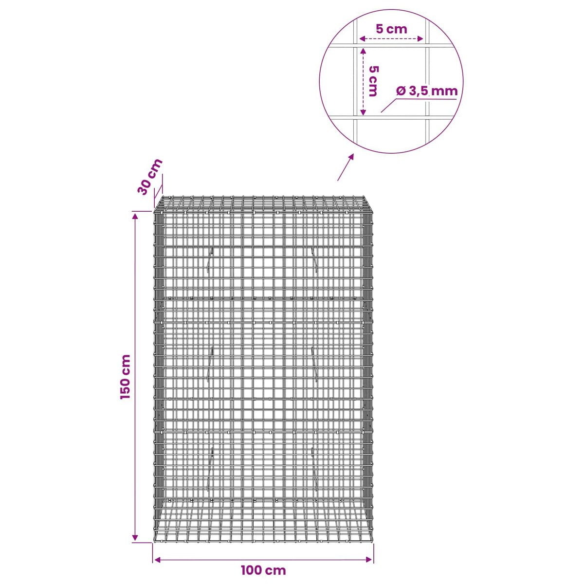 Gabionas su 3,5 mm laidu ir 5x5 cm tinkleliu 100x30x150 cm