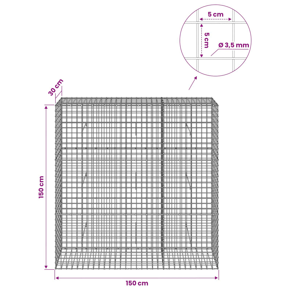 Gabionas su 3,5 mm laidu ir 5x5 cm tinkleliu 150x30x150 cm