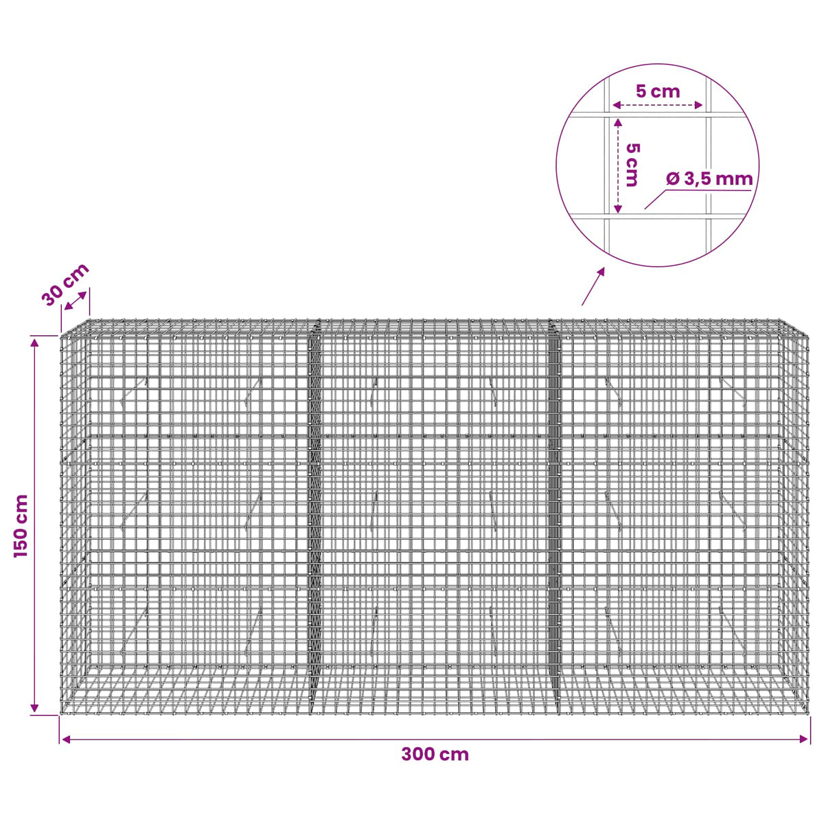 Gabionas su 3,5 mm laidu ir 5x5 cm tinkleliu 300x30x150 cm