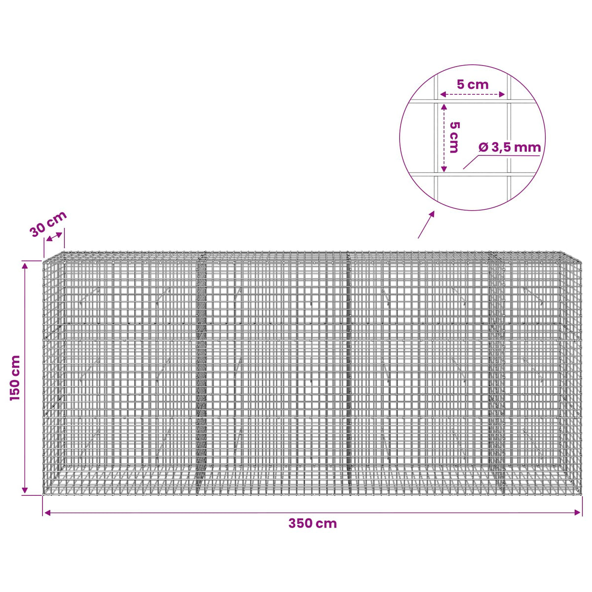 Gabionas su 3,5 mm laidu ir 5x5 cm tinkleliu 350x30x150 cm