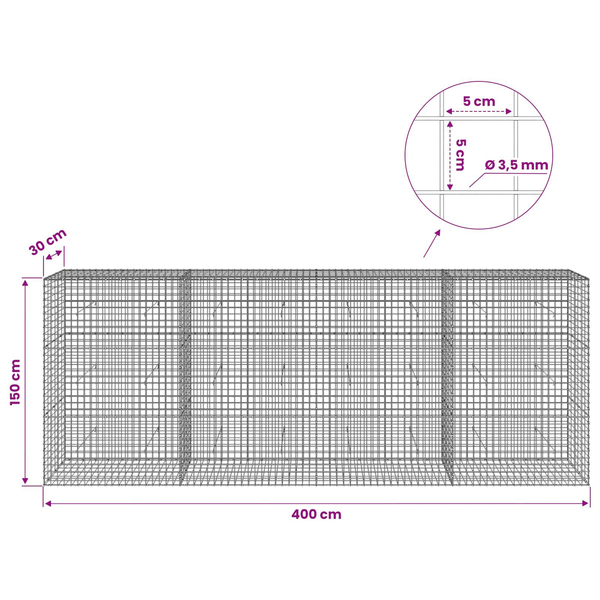 Gabionas su 3,5 mm laidu ir 5x5 cm tinkleliu 400x30x150 cm