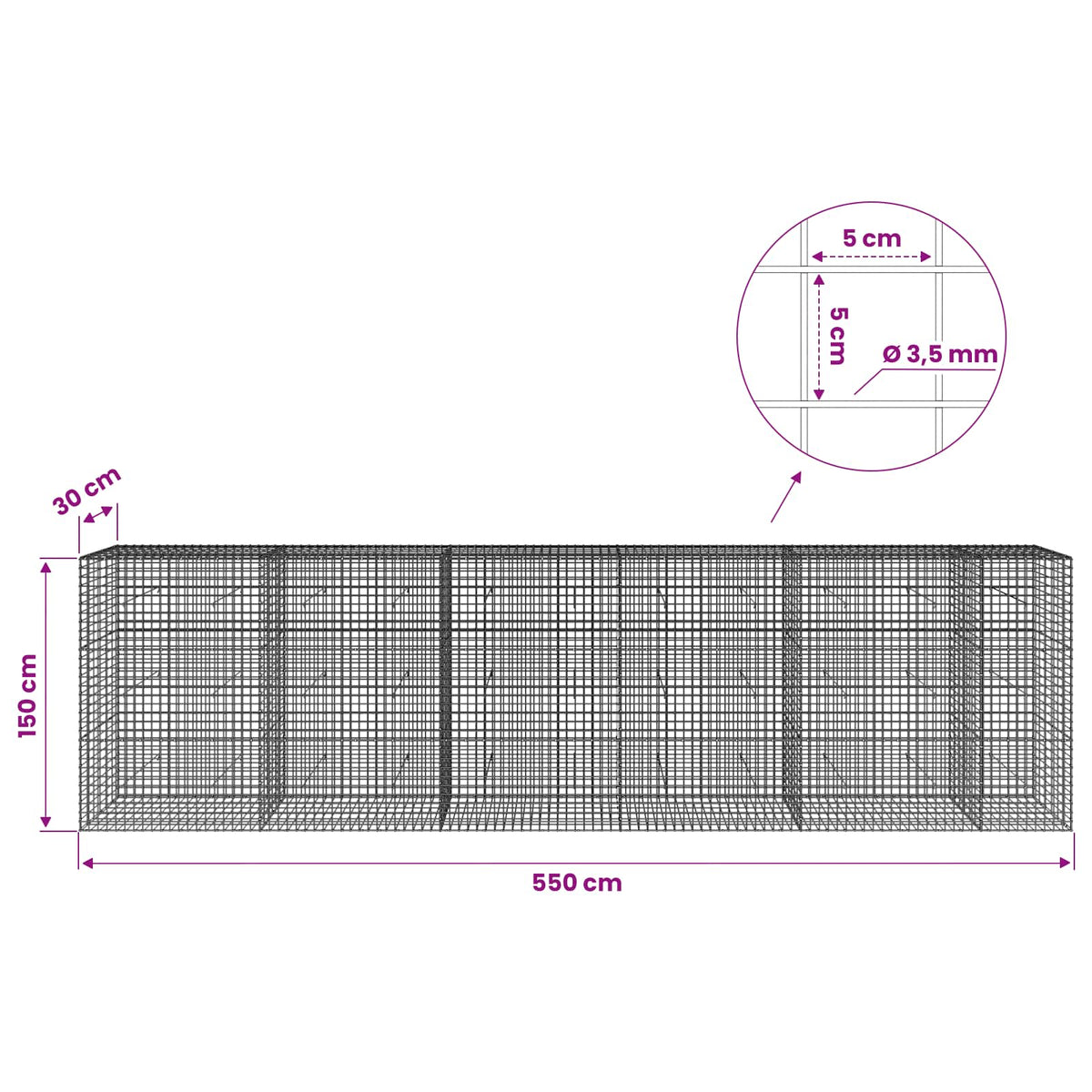 Gabionas su 3,5 mm laidu ir 5x5 cm tinkleliu 550x30x150 cm