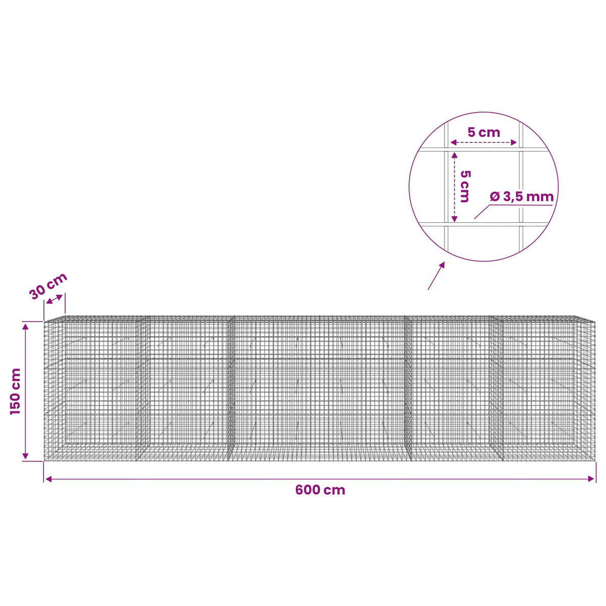 Gabionas su 3,5 mm laidu ir 5x5 cm tinkleliu 600x30x150 cm