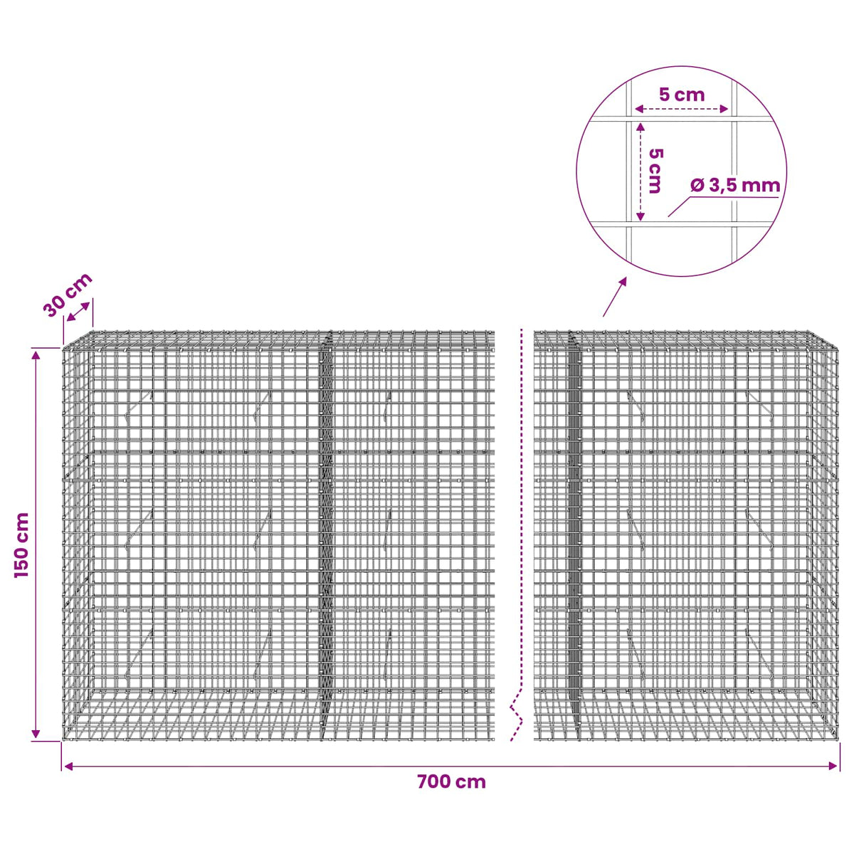 Gabionas su 3,5 mm laidu ir 5x5 cm tinkleliu 700x30x150 cm