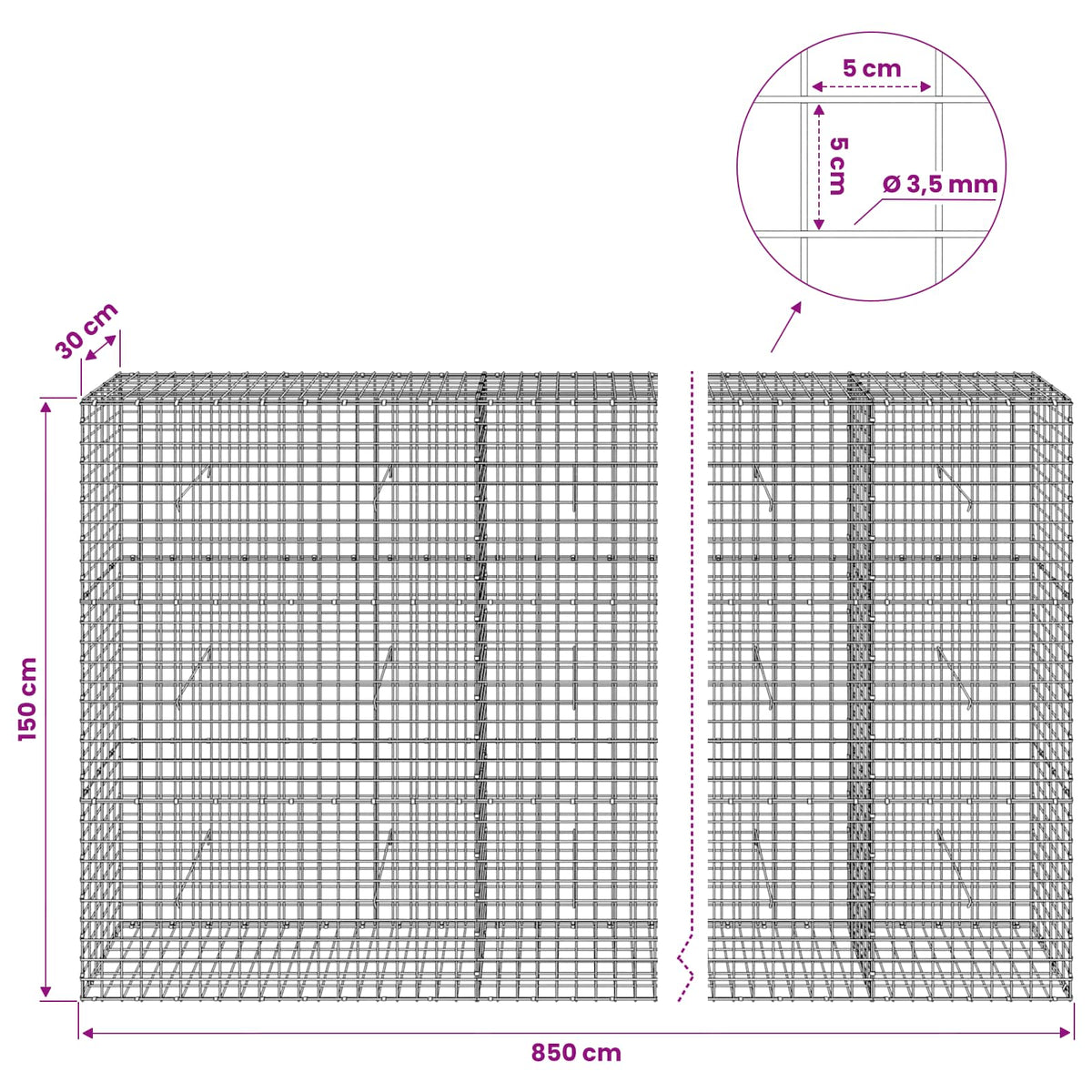 Gabionas su 3,5 mm laidu ir 5x5 cm tinkleliu 850x30x150 cm