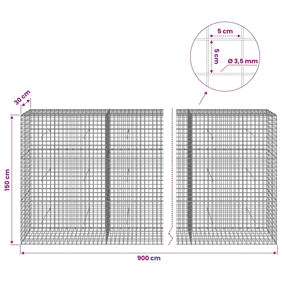 Gabionas su 3,5 mm laidu ir 5x5 cm tinkleliu 900x30x150 cm