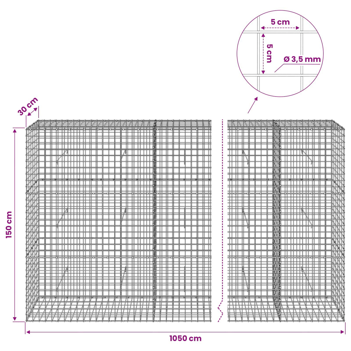 Gabionas su 3,5 mm laidu ir 5x5 cm tinkleliu 1050x30x150 cm